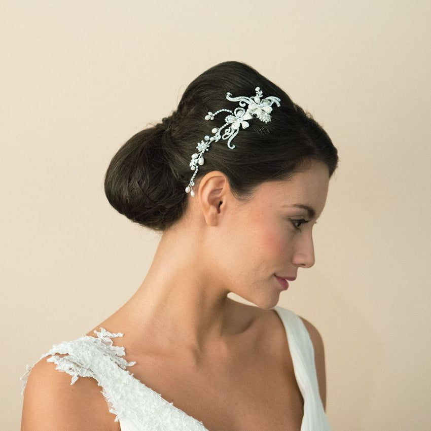 BIJOU CHEVEUX MARIAGE&lt;BR&gt;Silver Pearl Scroll Comb - MP Paris