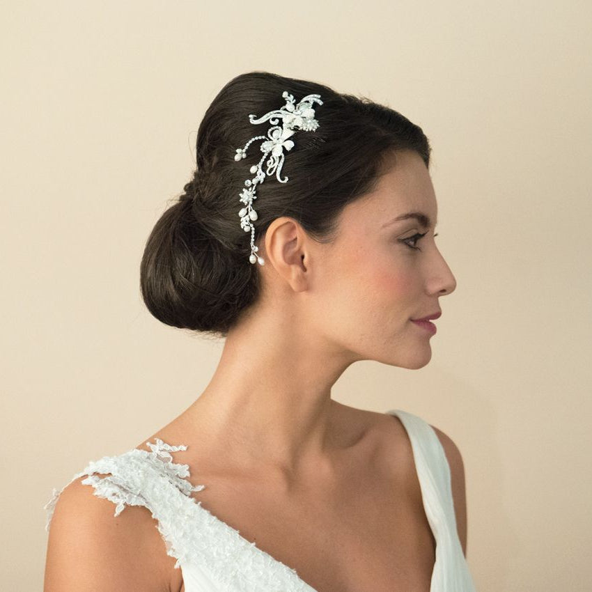BIJOU CHEVEUX MARIAGE&lt;BR&gt;Silver Pearl Scroll Comb - MP Paris