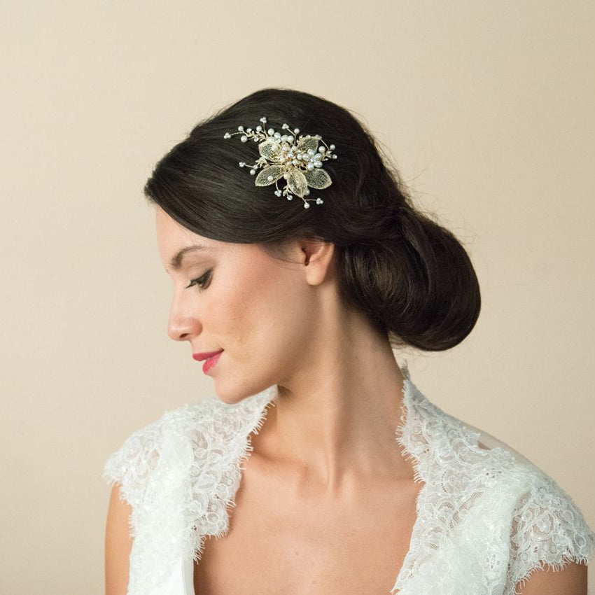 PEIGNE MARIEE&lt;BR&gt;Gold Pearl Flower Comb - MP Paris